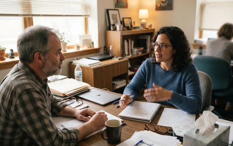 A surgeon and patient sitting together during a calm, unhurried consultation, reviewing options at a desk in a bright clinic room